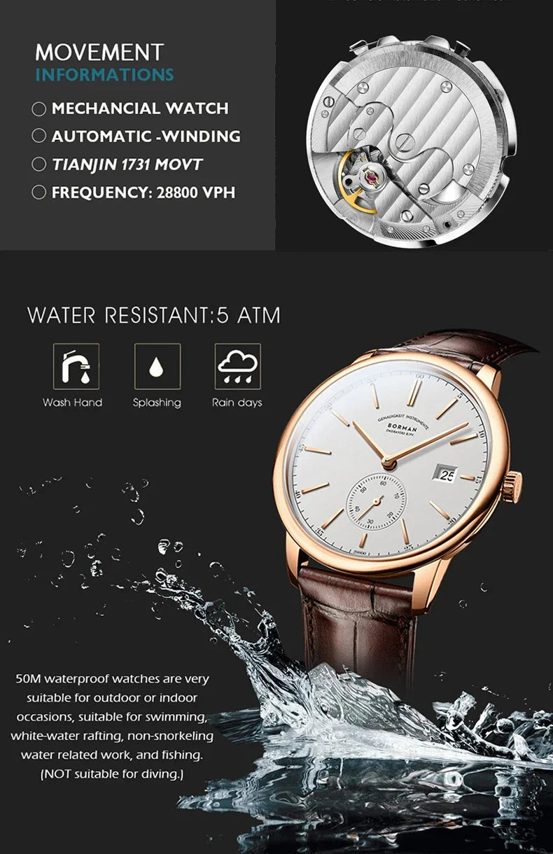 Reloj BORMAN BM3817 TOP nuevo de 42 mm, reloj de lujo para hombre, automático mecánico, cristal de zafiro, ultrafino, impermeable 50M, con subesfera