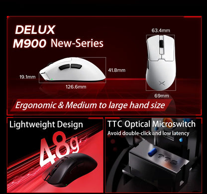 Delux M900PRO Versione ultraleggera Mouse gaming wireless ergonomico 1K/8K Polling Rate 50g PAW3395 per gamer PC destrorsi con mano grande