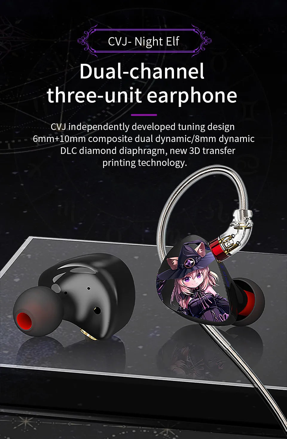 CVJ Night Elf In-Ear Wired Earphones – Dual-Channel 3.5mm HiFi Metal Earbuds with Silver-Plated Cable, High Sensitivity Bass Sound Earhook Headphones