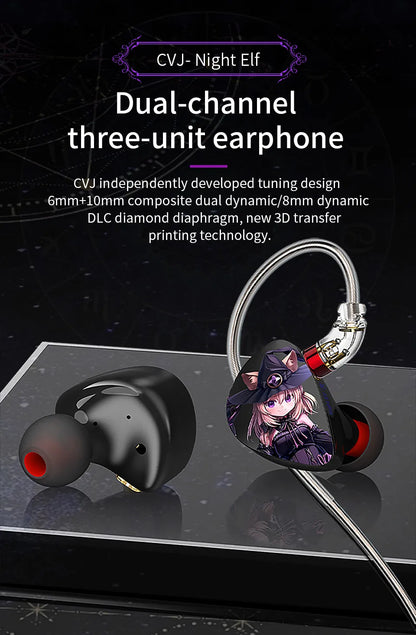 CVJ Night Elf In-Ear Wired Earphones – Dual-Channel 3.5mm HiFi Metal Earbuds with Silver-Plated Cable, High Sensitivity Bass Sound Earhook Headphones