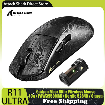 Mouse gaming wireless ATTACK SHARK R11 ULTRA in fibra di carbonio, 8000Hz, PAW3950MAX, 42000DPI, ultraleggero 49g, 20000FPS, Nordic 52840