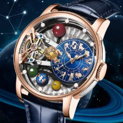 Pánske mechanické hodinky s automatickým náťahom, model „Ciel étoilé“: skeletový dizajn, štýl konštelácie, puzdro z nehrdzavejúcej ocele, reliéfny ciferník, luminiscenčná funkcia a vodotesnosť.