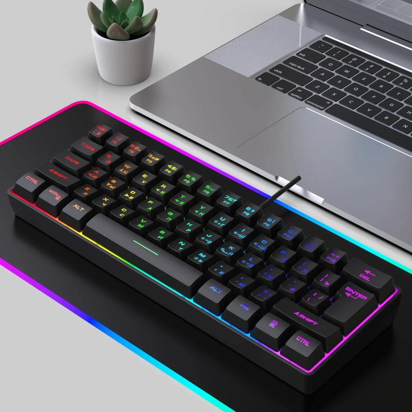Teclado gaming, teclado ultracompacto de 61 teclas con retroiluminación RGB ruso/inglés, teclados de oficina resistentes al agua con sensación mecánica para gaming