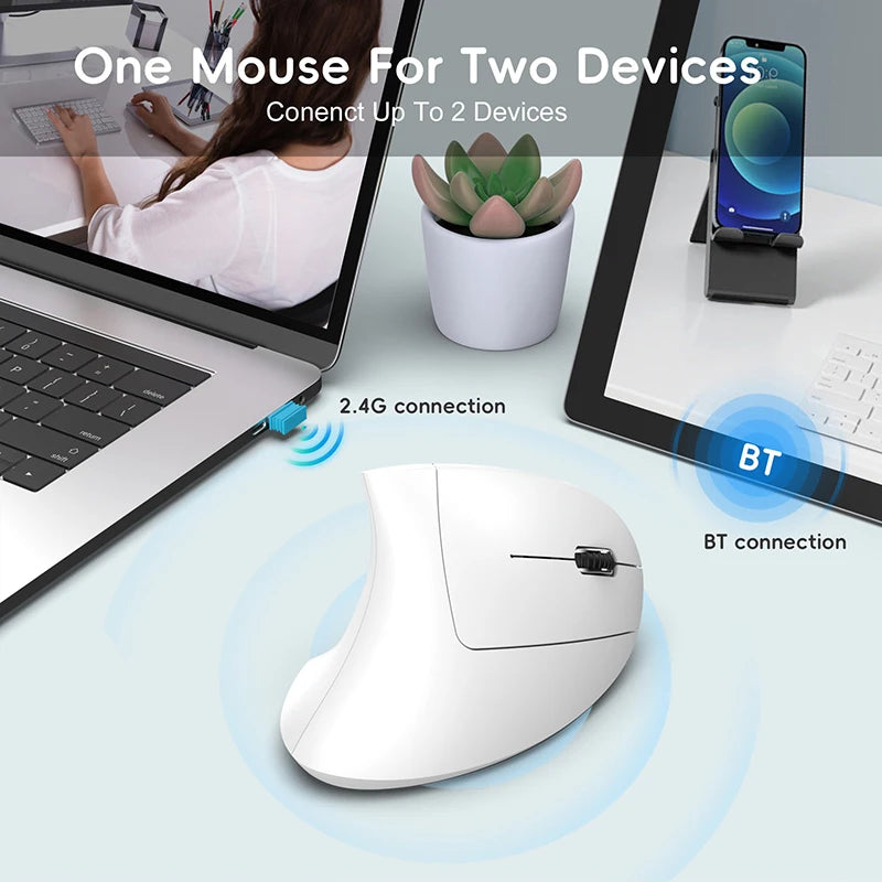 Ratón inalámbrico Bluetooth vertical de doble modo, silencioso y recargable para gaming, compatible con Win, Mac OS, portátil y ordenador