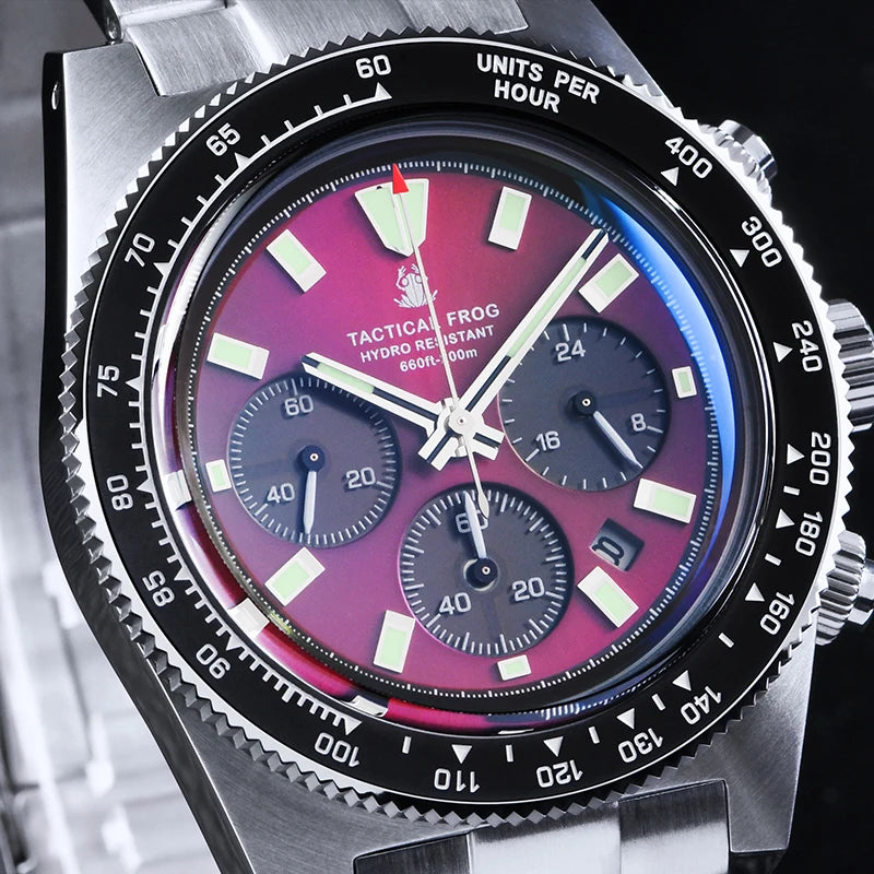 Tactical Frog V2 Solar Chronograph Men's Watch Sapphire Crystal Mirror Ceramic Bezel VS75A Eco-Drive Quartz 20Bar Waterproof Watch