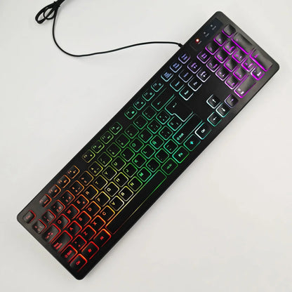 Tastiera da gaming per computer retroilluminata RGB silenziosa, tastiera cablata USB per ufficio e casa, russo, francese, spagnolo, tedesco, arabo, inglese