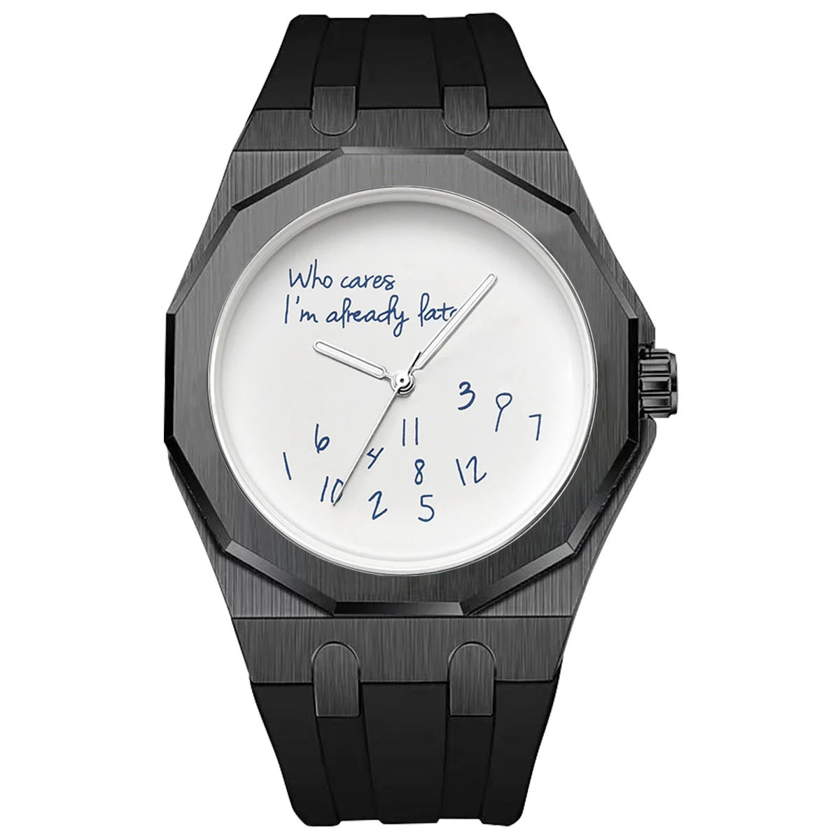 Relógio de luxo para homem com caixa octogonal e bracelete em silicone, à prova de água, dotado de um mostrador com o slogan humorístico «Who Cares I'm Already Late» (E daí, já estou atrasado).