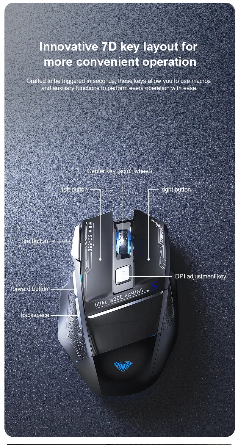 AULA SC550 bezprzewodowa mysz gamingowa dual-mode, ładowalna, podświetlana mechaniczna mysz gamingowa do komputera stacjonarnego/laptopa, mysz USB do e-sportu