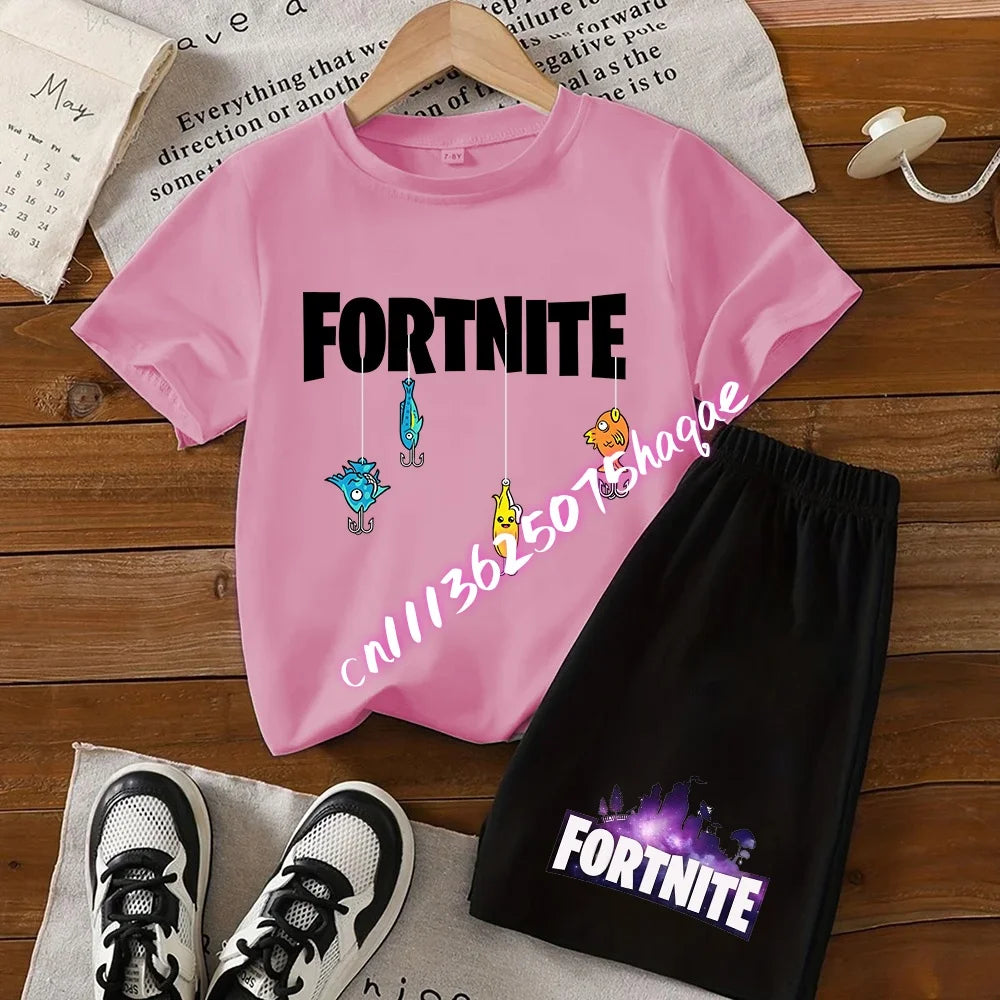 Conjunto de verano Fortress Night de camiseta y pantalones cortos para niños y niñas, 2 piezas, ropa infantil con camiseta estampada, regalo