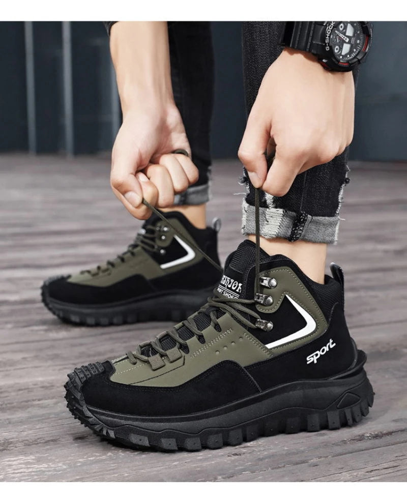 Black And Tan Mid Top Hiking Boots Suede And Leather Platform Sneakers Non Slip Outdoor Casual Shoes With Rugged Sole For All