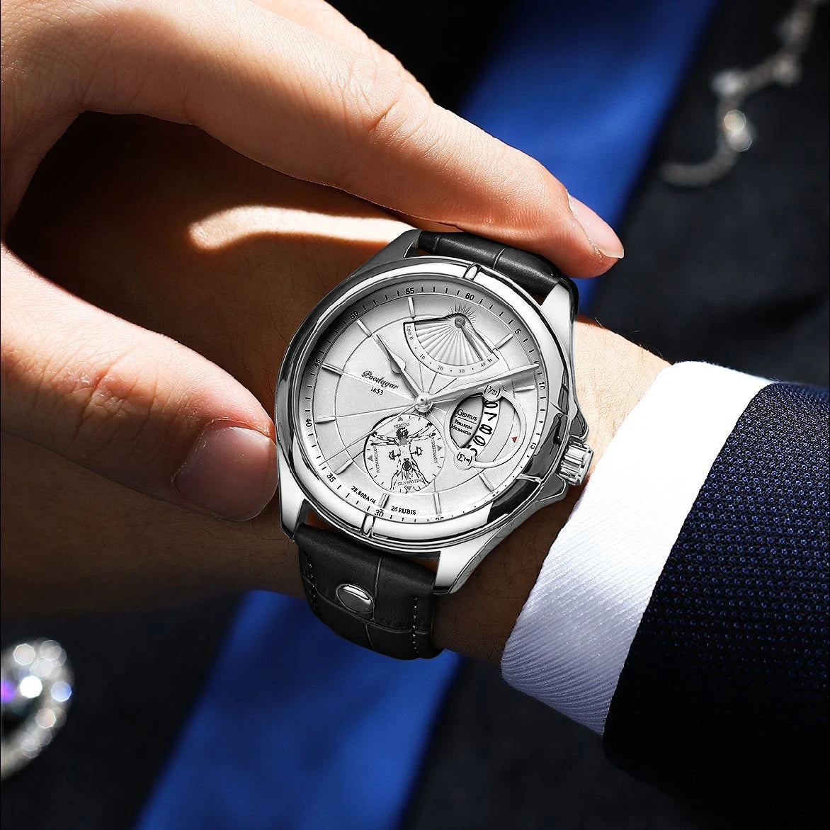 Relógio de pulso de quartzo POEDAGAR para homem – Estilo empresarial, de luxo, estanque, luminoso, com indicação da data e bracelete em pele – Relógio elegante para homem
