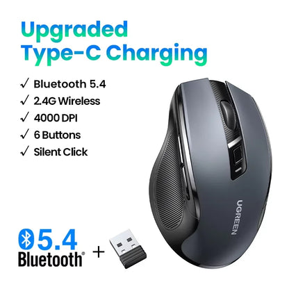 UGREEN bežični miš Bluetooth 5.0, ergonomski miš 4000DPI, 6 tihih tipki, miš za MacBook, tablet, prijenosna računala, računalo PC, 2.4G miševi