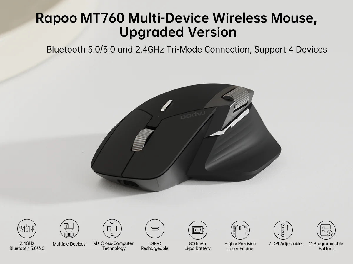 Mouse wireless ricaricabile multimodale Rapoo MT760L/MT760M, ergonomico, 4000 DPI, supporto fino a 4 dispositivi, Bluetooth