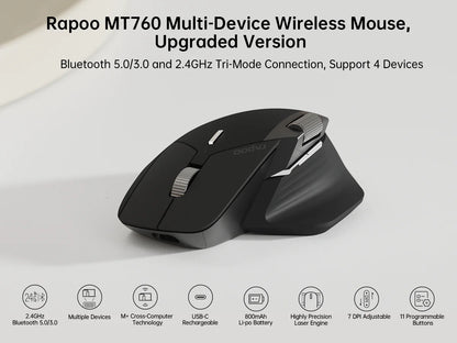 Mouse wireless ricaricabile multimodale Rapoo MT760L/MT760M, ergonomico, 4000 DPI, supporto fino a 4 dispositivi, Bluetooth