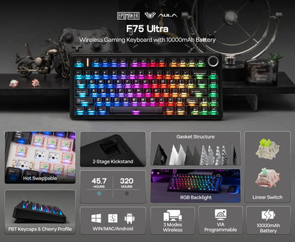 Tastiera meccanica EPOMAKER x AULA F75 Ultra VIA programmabile 75% layout ANSI US QWERTY, gasket, cablata/Bluetooth/wireless 2.4Ghz