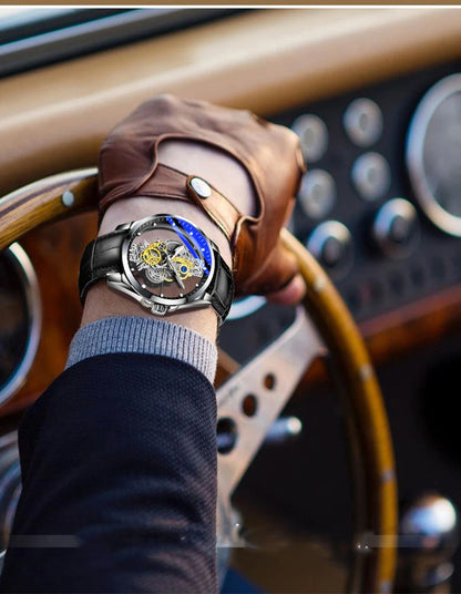 Trendig herrklocka, modell med dubbla öppningar, lyxig gulddesign, mekanisk tourbillon-imitation, kvartsverk.