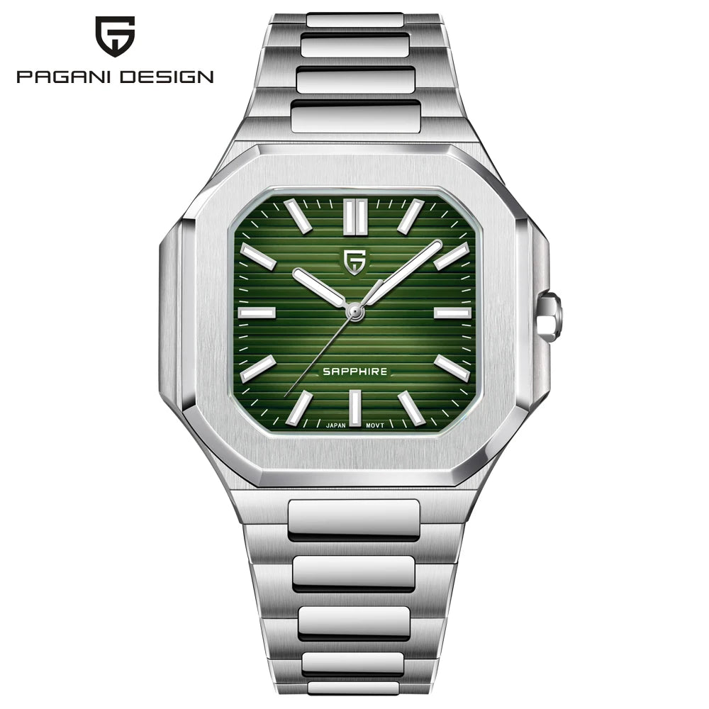 Reloj de lujo cuadrado de cuarzo PAGANI DESIGN 2026 para hombre, cristal de zafiro AR, movimiento japonés, luminoso, acero 316L completo