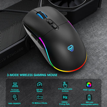 Mouse tri-mode 2.4G wireless/Bluetooth/cablato, DPI regolabile a 6 livelli, batteria da 500mAh, illuminazione RGB, macro per gaming e esports, mouse da ufficio