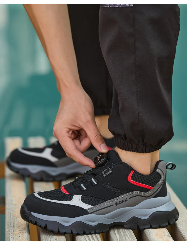 Chaussures de travail pour hommes, bottes de sécurité à bout en acier, chaussures Anti-écrasement, baskets légères et respirantes noires à bouton rotatif