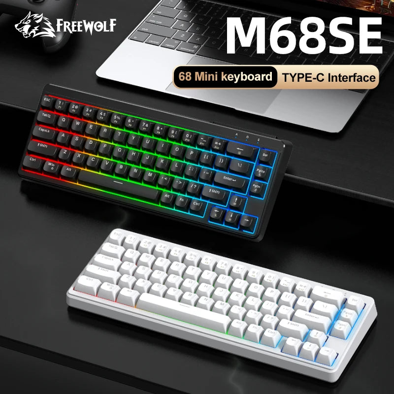 FREEWOLF M68SE Teclado mini con cable de 68 teclas, retroiluminación RGB, Type-C, diseño 68%, compacto para gaming, oficina, PC y portátil