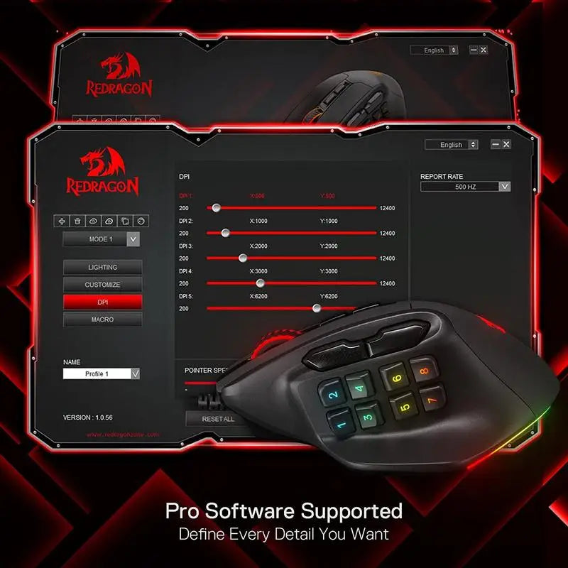 Redragon M811 Aatrox MMO-gamingmuis, bedrade RGB-gamingmuis met 15 programmeerbare knoppen, ergonomische optische gamingmuis met 12.400 DPI
