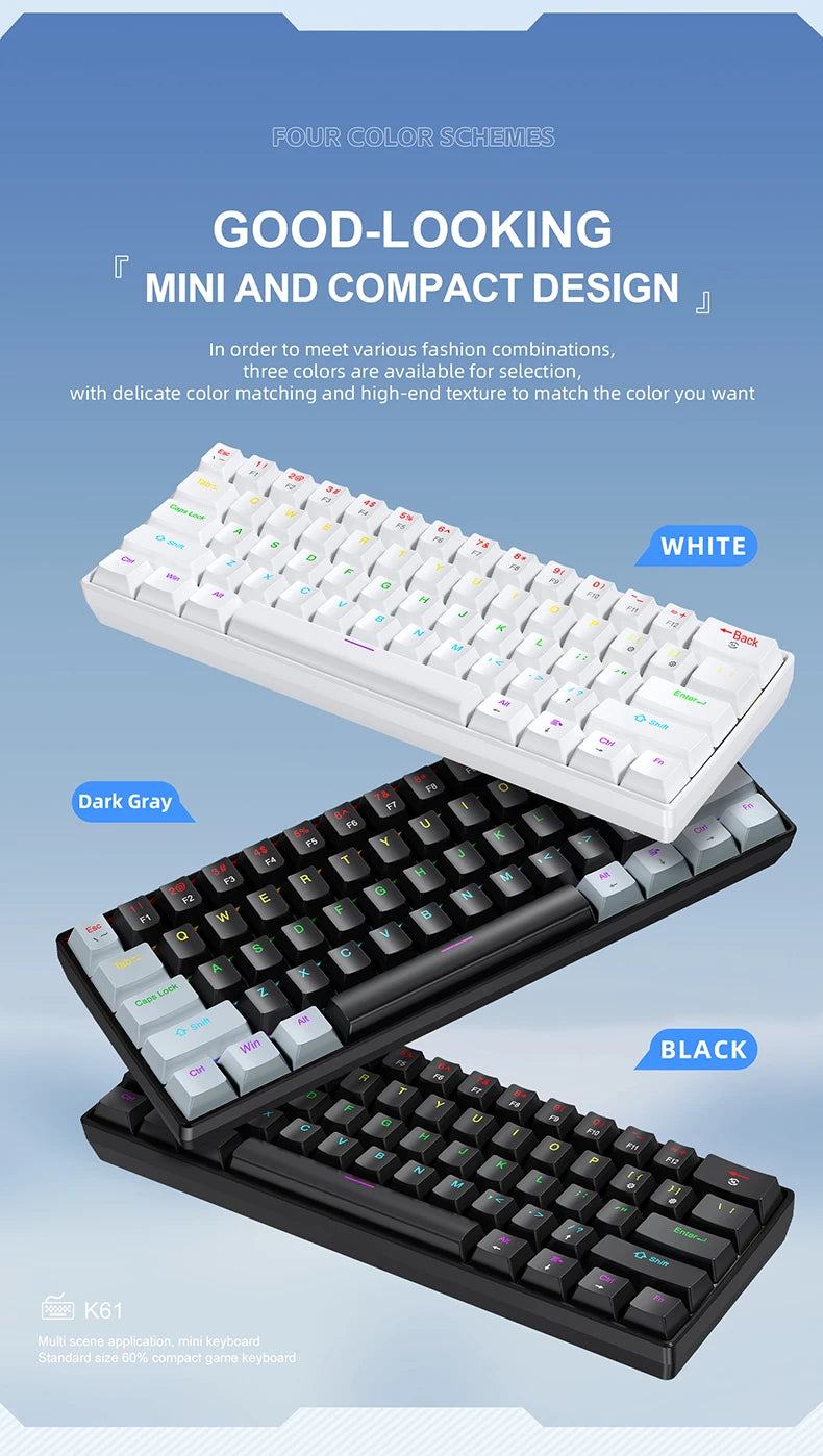 Tastiera meccanica mini APAYADO K61, cablata, 61 tasti, RGB Phantom, nera/bianca, switch meccanici rossi/blu per gaming, portatile 60%