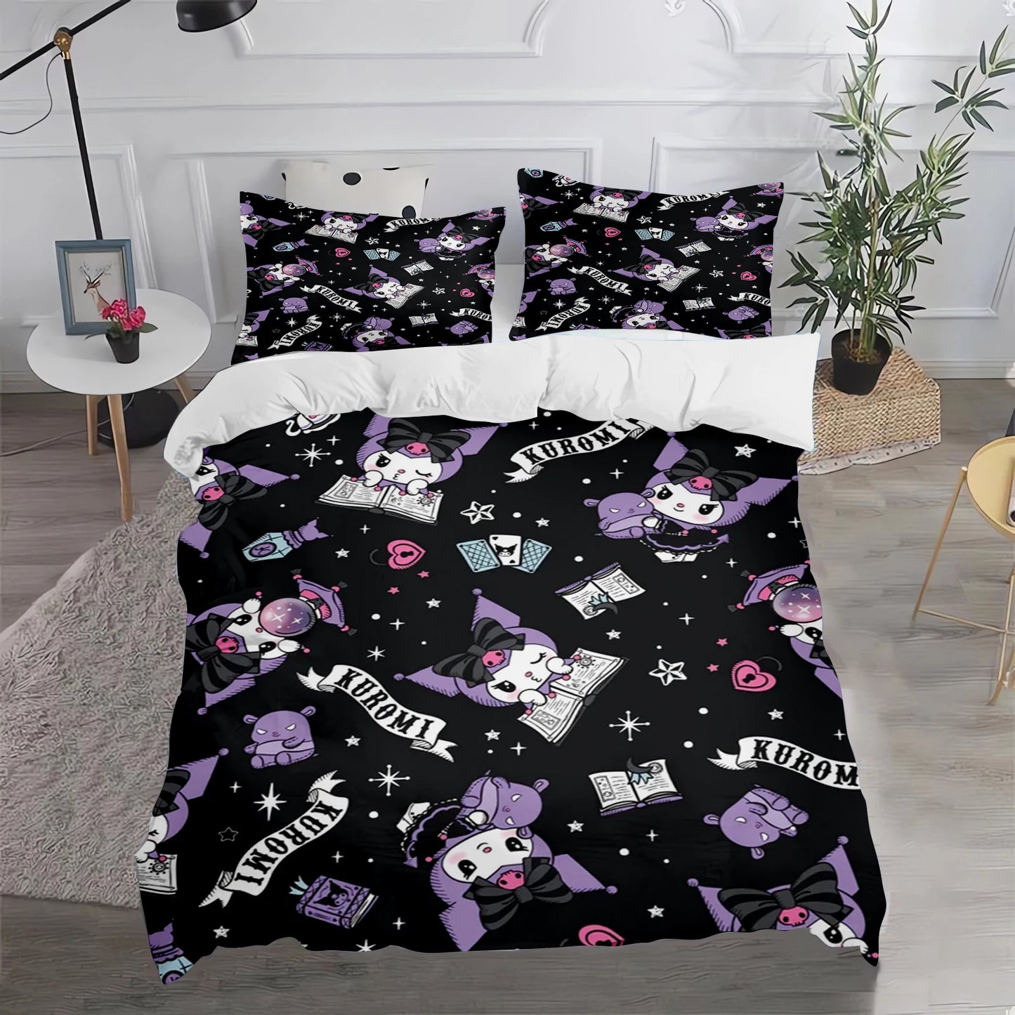 Conjunto de Capa de Edredão e Fronha Kuromi Fofo para Cama, Decoração de Quarto para Adulto, Rapaz e Rapariga, Presente para Crianças, Tamanho Individual, Duplo e Grande