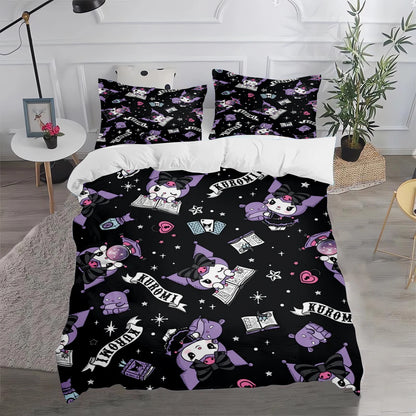 Conjunto de Capa de Edredão e Fronha Kuromi Fofo para Cama, Decoração de Quarto para Adulto, Rapaz e Rapariga, Presente para Crianças, Tamanho Individual, Duplo e Grande