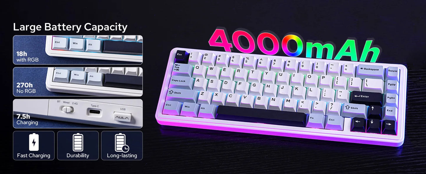Teclado mecánico EPOMAKER x AULA F65 con distribución 65%, hot-swap, montaje gasket y conexión con cable/Bluetooth/inalámbrica 2.4G para Mac/Win