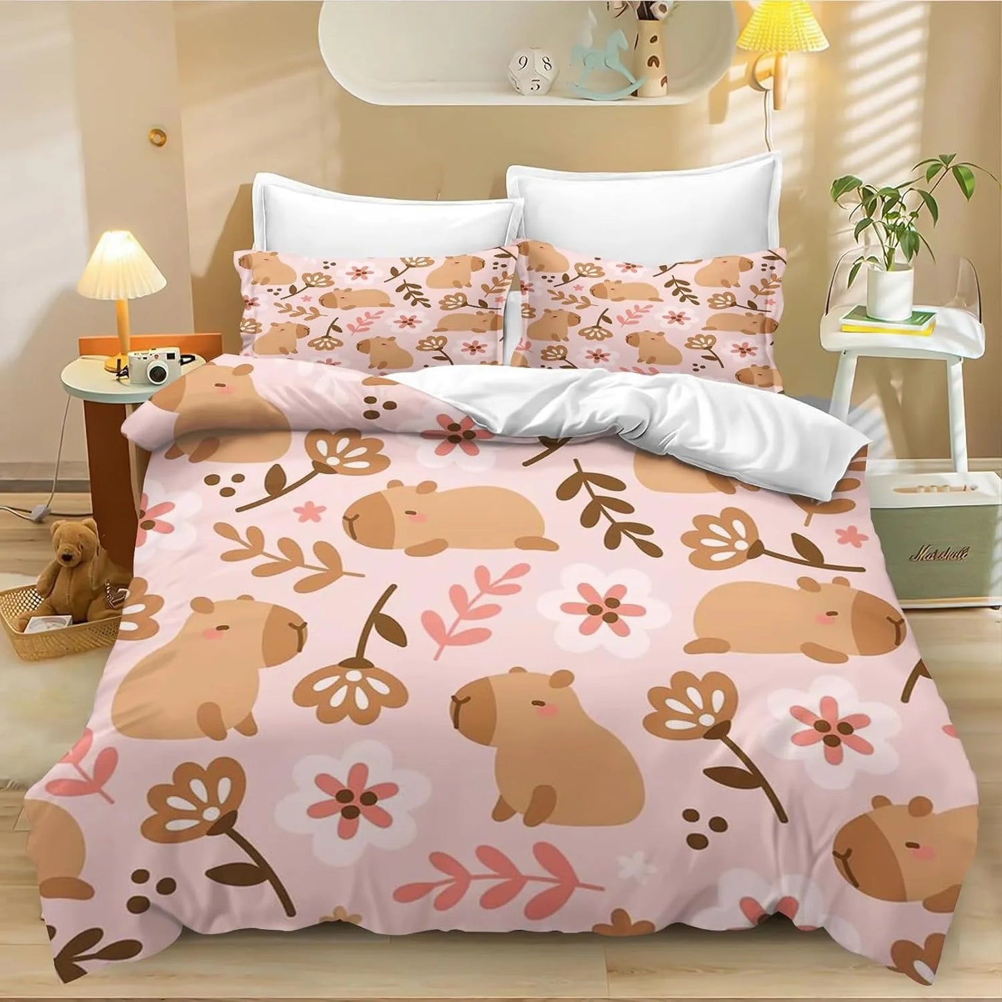 Juego de cama de carpincho de dibujos animados de 4 piezas, funda nórdica y funda de almohada, para adultos, niños y niñas, decoración de dormitorio infantil, tamaño individual y doble