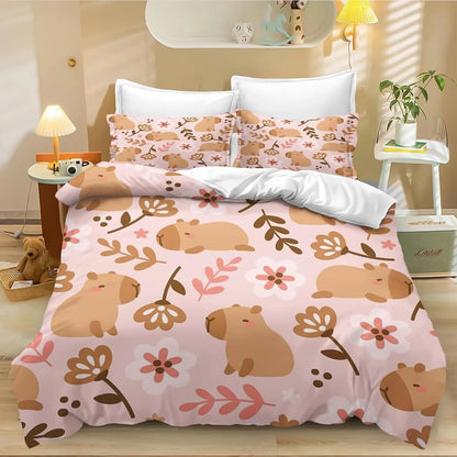 Juego de cama de carpincho de dibujos animados de 4 piezas, funda nórdica y funda de almohada, para adultos, niños y niñas, decoración de dormitorio infantil, tamaño individual y doble