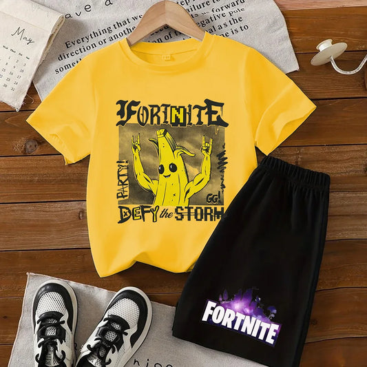 Komplet dziecięcy T-shirt i szorty z serii Fortnites – modny zestaw z topem i spodenkami inspirowany grą, letni, uroczy strój domowy i loungewear, prezent urodzinowy