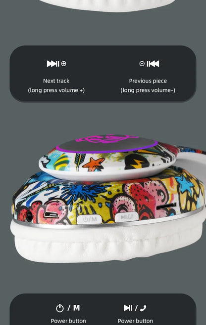 Nuovo headset gaming Bluetooth wireless Graffiti LX-8686 con microfono, luce LED, supporto per scheda TF, bassi profondi e cuffie over-ear per PC, gaming e bambini