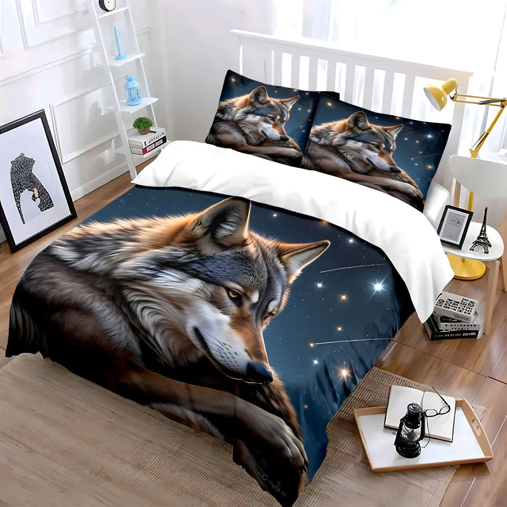 Set di biancheria da letto stampato con lupo su sfondo stellato, 1 copripiumino e 2 federe, per adulti e bambini, regalo di lusso, Full Size
