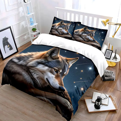 Set di biancheria da letto stampato con lupo su sfondo stellato, 1 copripiumino e 2 federe, per adulti e bambini, regalo di lusso, Full Size