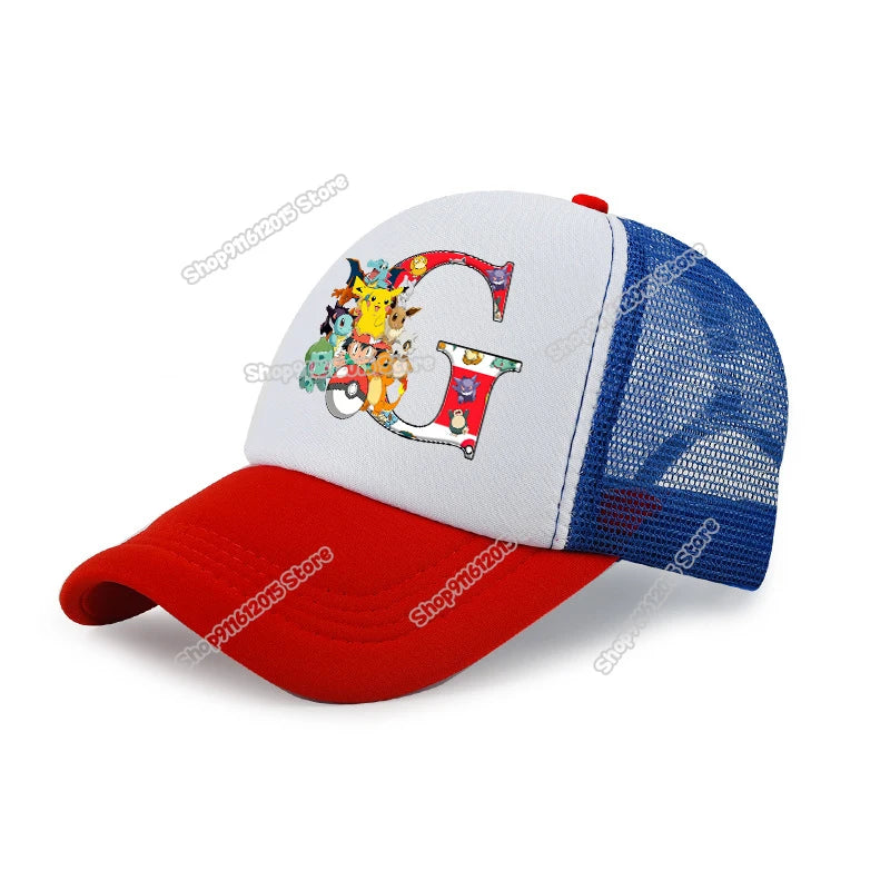 Tegneserie-Pokémon-baseballkasket til børn med Pikachu og bogstaverne A-Z – til drenge og piger – solbeskyttende solhat – børnekasket med skygge – sommer-trucker-kasket – far-kasket
