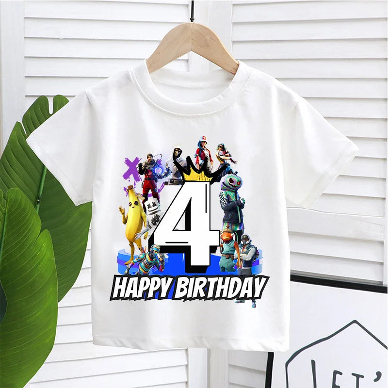 Camiseta infantil de cumpleaños Fortnite con número para niñas y niños, ropa de verano, camiseta de algodón para bebé, tops de manga corta para fiesta, regalo para niños pequeños
