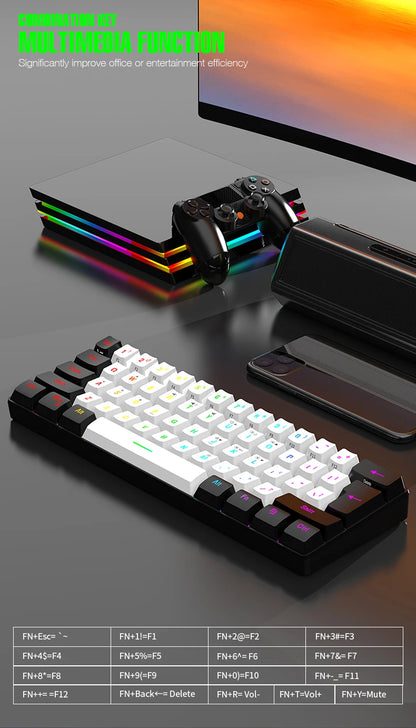 Tastiera meccanica cablata 61 tasti bianca, switch nero e blu, impermeabile, RGB illuminata, kit gaming e ufficio PUBG gamer retroilluminato