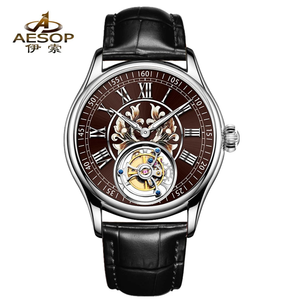 aesop Men's Watch Automatic Movement Mechanical Tourbillon Watch Skeleton Design Stainless Steel Case Waterproof Men's Watch 202