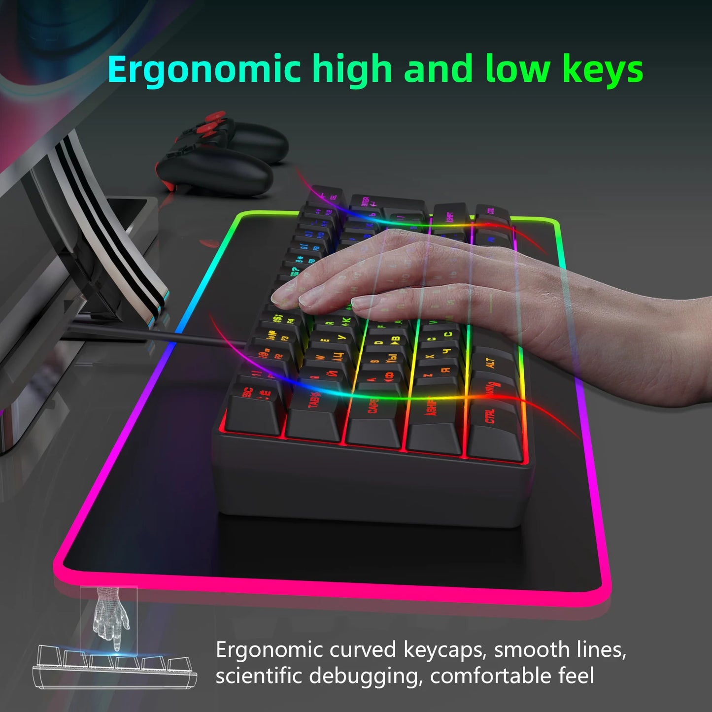 Teclado gaming, teclado ultracompacto de 61 teclas con retroiluminación RGB ruso/inglés, teclados de oficina resistentes al agua con sensación mecánica para gaming