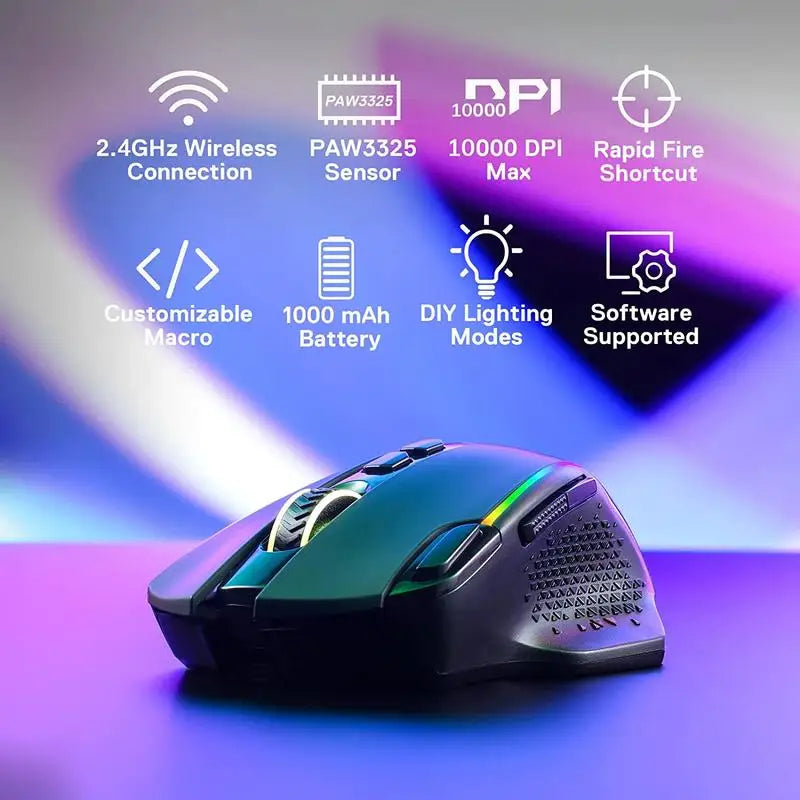 Mouse gaming wireless Redragon M810 Pro, mouse gamer cablato 10000 DPI con tasto Rapid Fire, 8 pulsanti macro, mouse nero/bianco