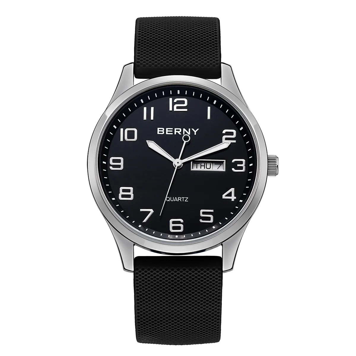 BERNY Men's Watches Luminous Calendar Week Quartz Men Watch Casual Soft Silicone Strap Easy Read Big Dial Sports Wristwatch