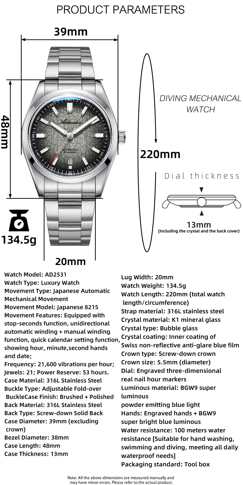 ADDIESDIVE 2026 New Luxury Personalized Watches 10BBar Bubble Mirror Glass Steel Analog Watches Super Luminous Mechanical Watch