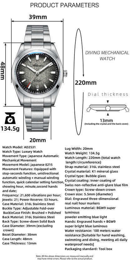 ADDIESDIVE 2026 New Luxury Personalized Watches 10BBar Bubble Mirror Glass Steel Analog Watches Super Luminous Mechanical Watch