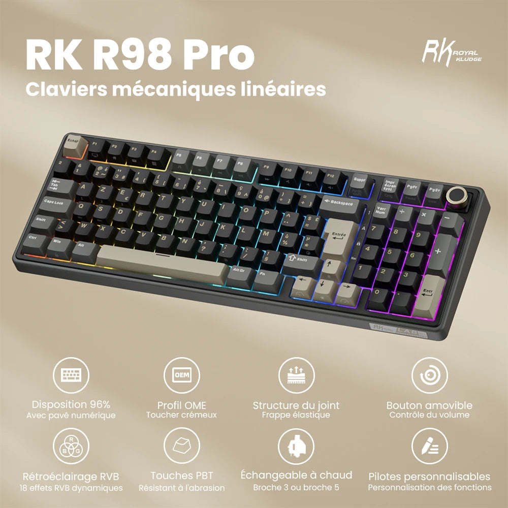 Tastiera meccanica cablata RK ROYAL KLUDGE R98Pro Gasket, 98 tasti, RGB, hot-swappable, pulsante pluggable, tastiera gamer con keycap PBT