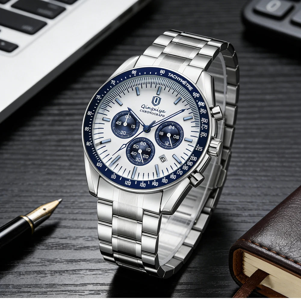 Relógio de quartzo para homem, de marca de luxo, estanque e luminescente, em aço inoxidável, equipado com um cronógrafo de 24 horas e um indicador de data – Relógio elegante para homem