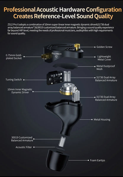 Auricolari IEM KZ ZS12 PRO X con tecnologia ibrida dinamica e armatura bilanciata, upgrade HiFi bassi, cuffie in-ear con cavo tuning