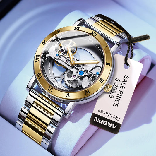 AKDPN Men's Watches Automatic Mechanical Stainless Steel Men's Wrist Watch Skeleton Automatic Watches for Man Watch Montre Homme