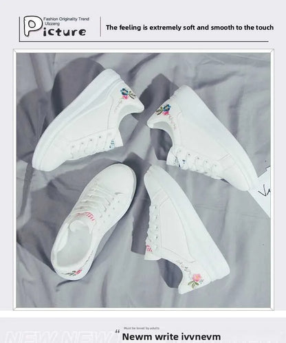 Shoes 2025 Women Running Spring Autumn Fashion White Breathable Embroidered Flower Lace-Up Casual Sneakers Zapatos De Mujer