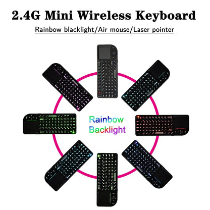 Teclado inalámbrico A8 Mini 2.4G con retroiluminación de 7 colores, teclado portátil 3 en 1 con panel táctil y Air Mouse para Android TV Box, PC y tablet